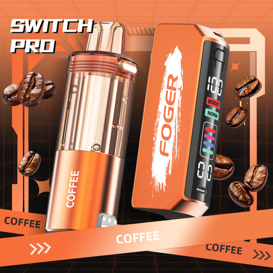 Foger Switch Pro Pod in Coffee flavor, designed with a rich bronze finish and transparent tank. Indulge in up to 30K puffs of bold and aromatic coffee flavor crafted by Foger Vapes.