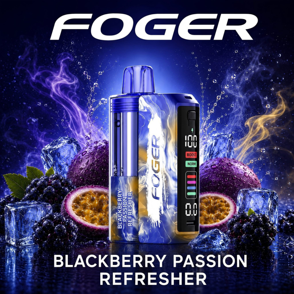 Blackberry Passion Refresher Foger Switch Pro Kit 30K puffs vape with LED display and blackberries on ice
