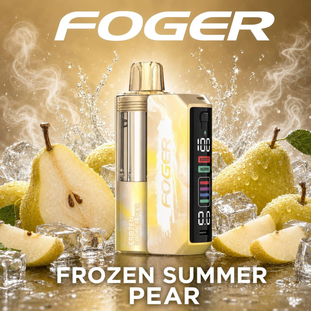 Frozen Summer Pear Foger Switch Pro Kit 30K puffs chilled vape with LED display and fresh pears on ice