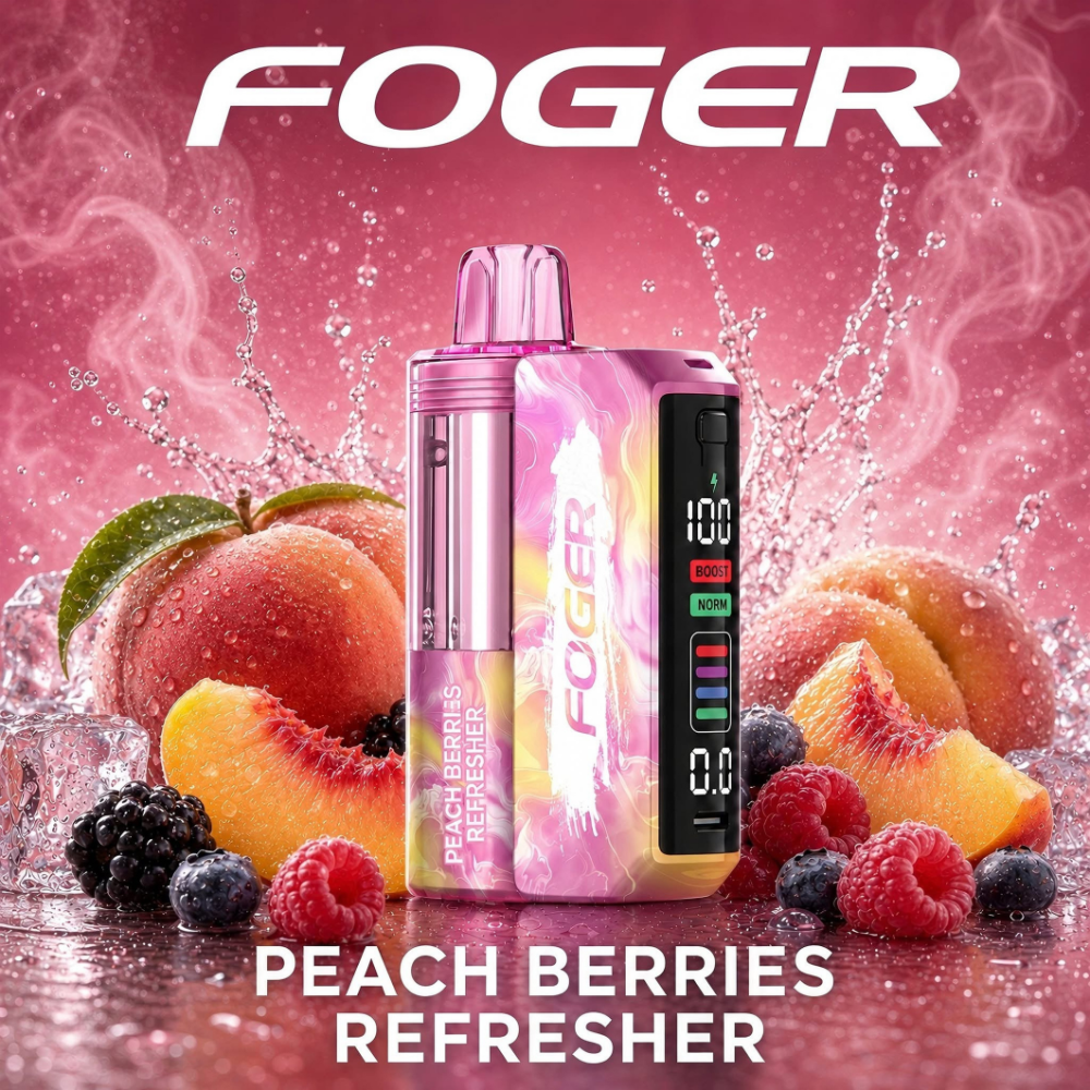 Peach Berries Refresher Foger Switch Pro Kit 30K puffs vape with LED display and peaches and berries on ice