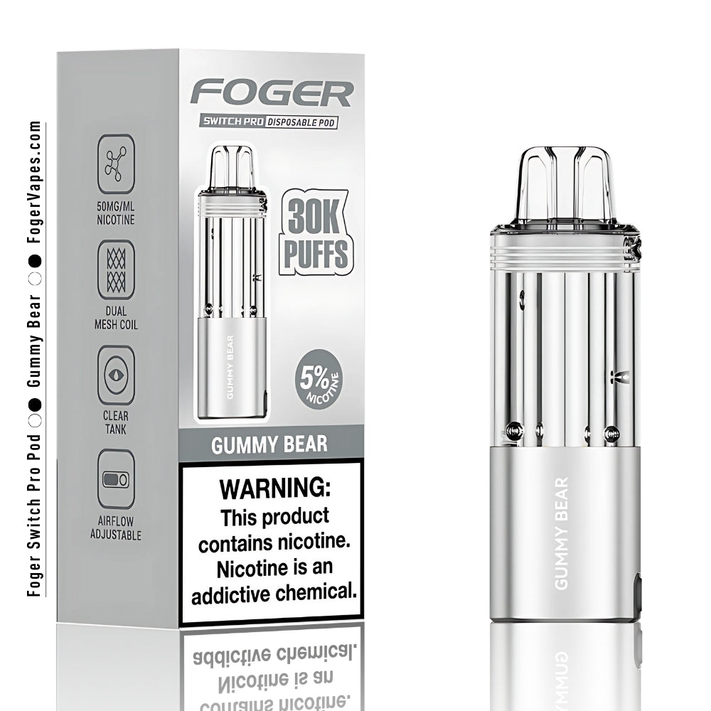 Foger Switch Pro Gummy Bear Disposable Pod 30,000 Puffs Vape Device with 5% Nicotine, Dual Mesh Coil, and Adjustable Airflow. The sleek silver-colored device and packaging highlight the sweet and nostalgic gummy bear flavor, offering a fun and candy-inspired vaping experience. Perfect for users seeking a long-lasting and flavorful vape.
