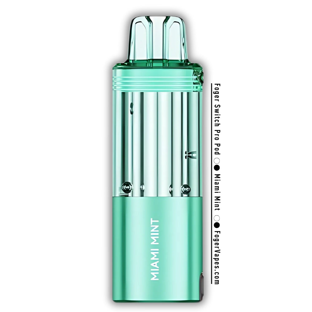 Miami Mint Foger Switch Pro Pod with 30K Puffs, showcasing a sleek mint green finish and transparent tank. This disposable vape pod offers a refreshing and cooling mint flavor, designed for a premium vaping experience with a modern aesthetic.