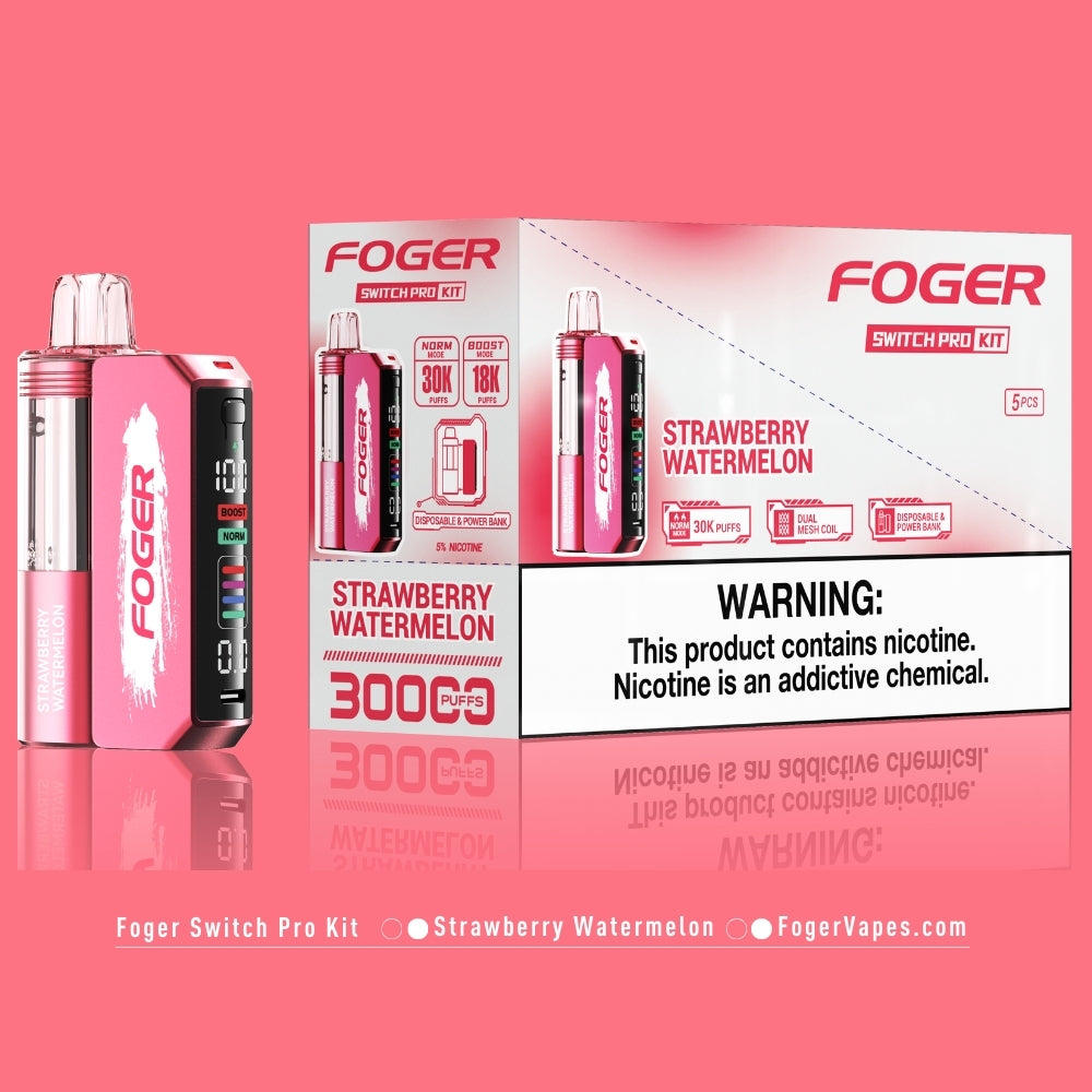 Foger Switch Pro Kit - Strawberry Watermelon, available in a 5 pack with 30K puffs per device. Each device includes dual mesh coils, adjustable airflow, and an OLED display. With 5% nicotine, it delivers the perfect combination of sweet strawberries and refreshing watermelon, perfect for those who enjoy fruity, vibrant vapes.