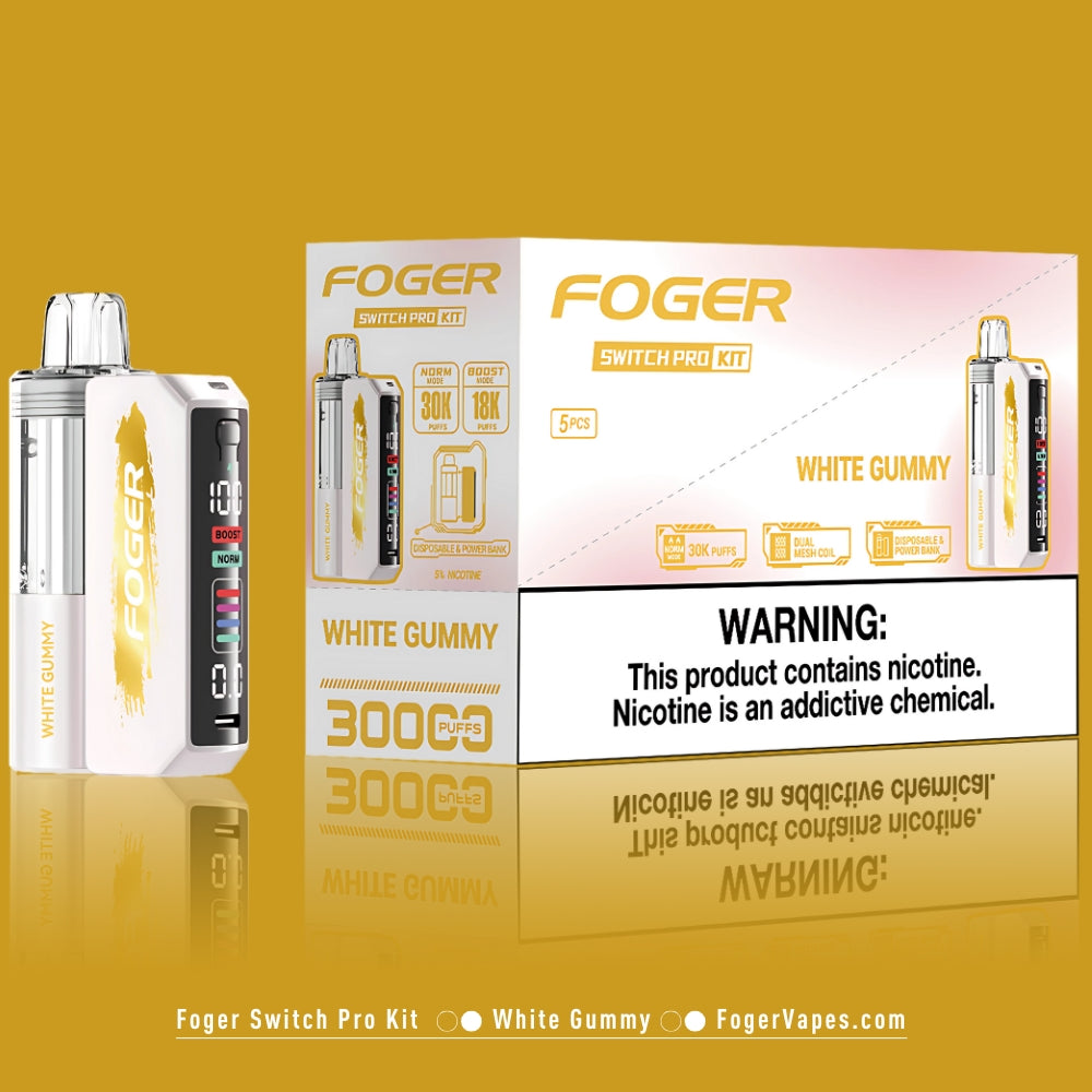 Foger Switch Pro Kit in White Gummy flavor, showcasing a sleek white design with gold branding. Features 30,000 puffs in normal mode and 18,000 puffs in boost mode, equipped with dual mesh coils, adjustable airflow, and an OLED smart screen display. The packaging highlights the product’s 5-pack option and nicotine warning for compliance.