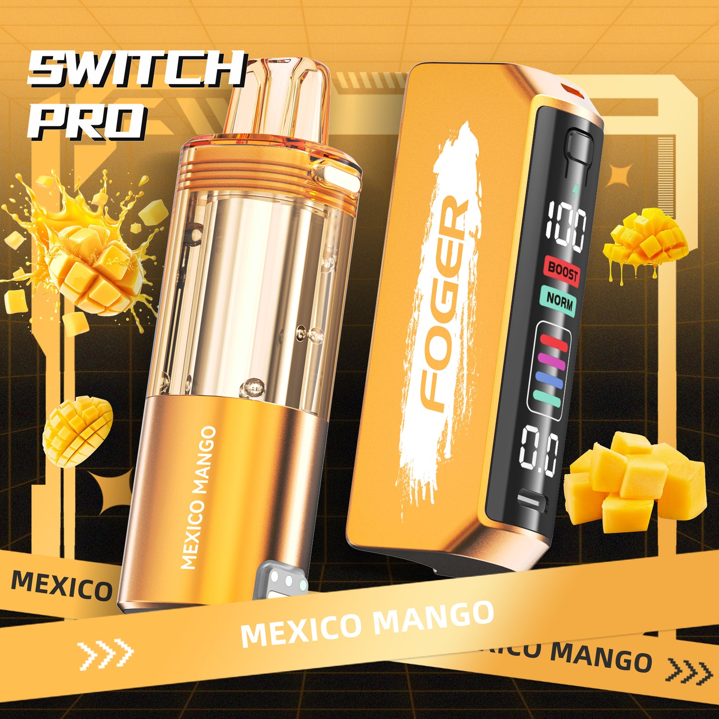 Foger Switch Pro Pod in Mexico Mango flavor, presented with the stylish Foger Switch Pro Kit. Featuring a vibrant golden design with fresh mango visuals, it offers up to 30K puffs of tropical and premium vaping pleasure, combining bold flavors with cutting-edge technology.