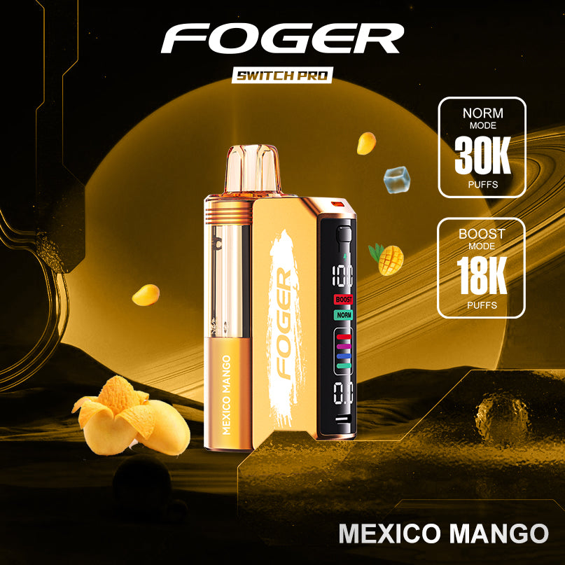 Foger Switch Pro Kit in Mexico Mango flavor with 30K puffs, featuring a golden mango-colored body. Includes dual mesh coils, adjustable airflow, and an OLED smart screen for seamless use. The flavor profile blends tropical mango with a refreshing icy touch.