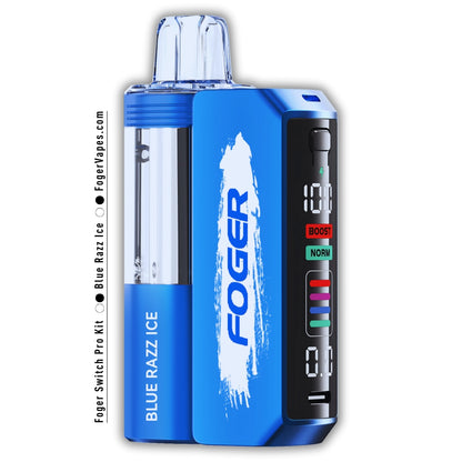 Foger Switch Pro 30K Puffs Disposable Blue Razz Ice  showcasing a vibrant blue body with white branding, a clear tank highlighting the vaping liquid, and a digital display with customizable puff modes, including Boost and Normal settings, for an enhanced vaping experience.