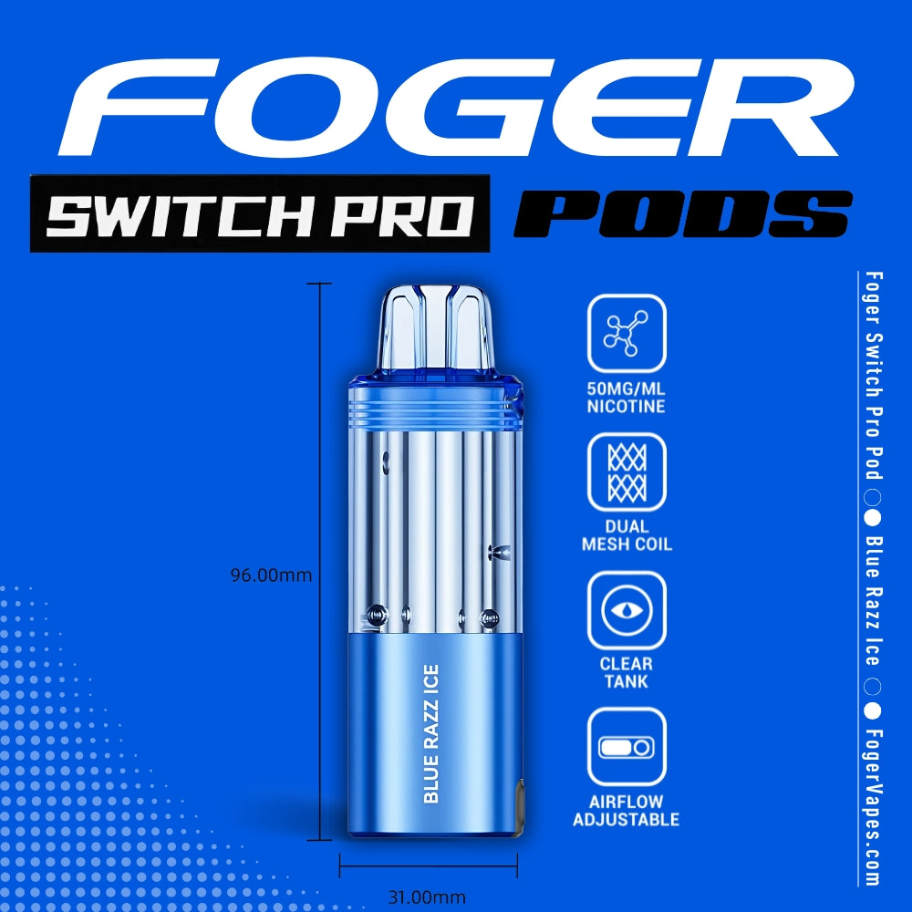 Foger Switch Pro Pod in Blue Razz Ice flavor, featuring a vibrant blue design with a transparent tank, dual mesh coil for optimal flavor delivery, adjustable airflow, and 50mg/ml nicotine strength. Dimensions (96mm x 31mm) and key features are displayed against a bold blue background with sleek branding.