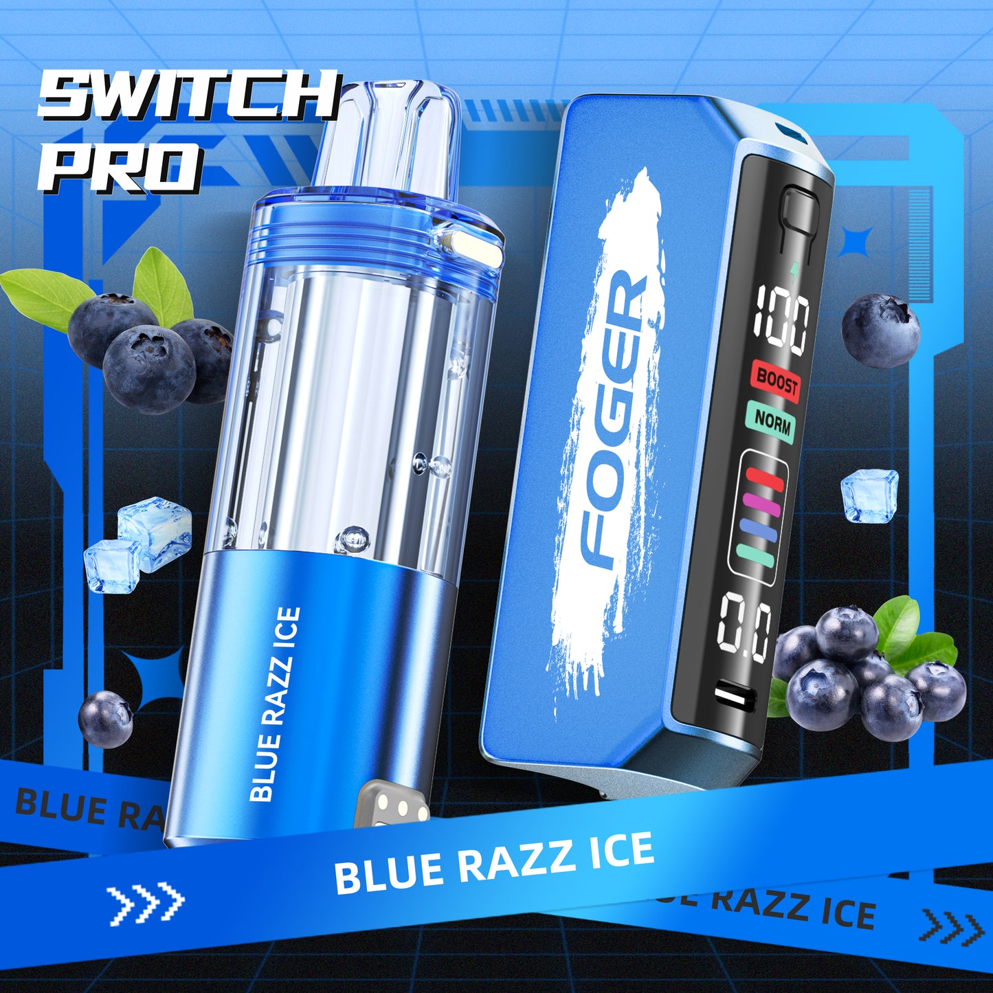 Foger Switch Pro Pod in Blue Razz Ice flavor, featuring a stylish blue finish with a transparent tank and vibrant design elements. Enjoy up to 30K puffs of refreshing blueberry and icy flavor with advanced vaping technology from Foger Vapes.