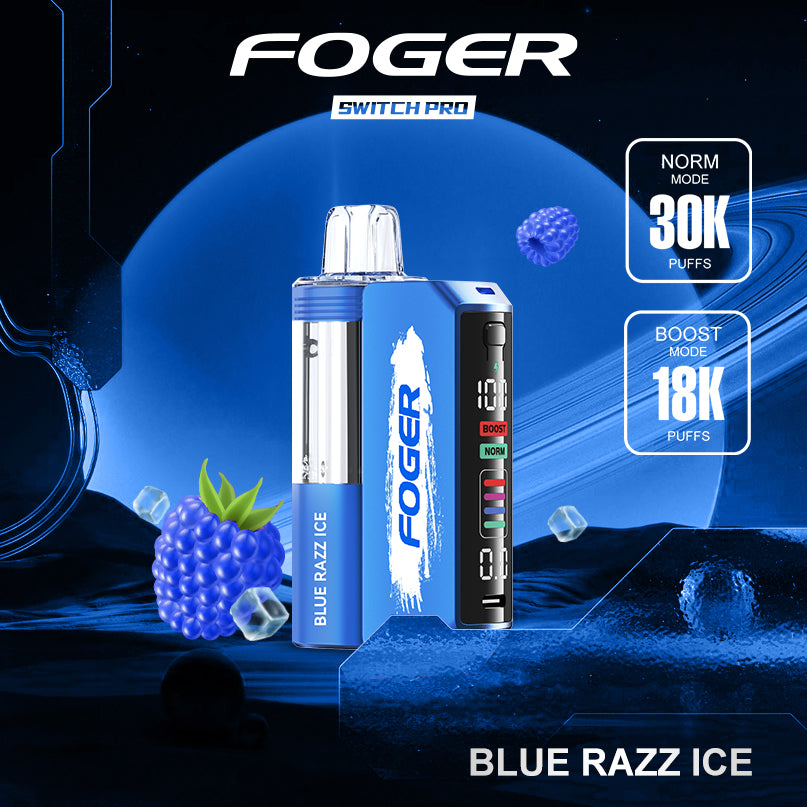 Foger Switch Pro Kit featuring Blue Razz Ice flavor with a sleek blue design. The kit offers up to 30,000 puffs with dual mesh coils, adjustable airflow, and an OLED smart screen. Ideal for users who enjoy a mix of tangy blue raspberry flavor with a cool, icy finish.