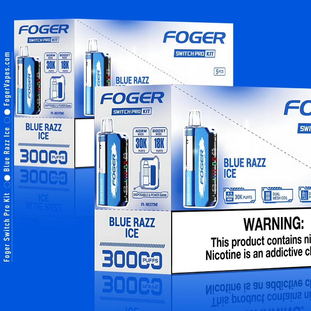 This image showcases the Foger Switch Pro Kit in Blue Razz Ice flavor, presented in a 10 pack format. The design features a sleek, reflective packaging highlighting the device's advanced features like 30K puffs in Normal mode and 18K puffs in Boost mode. The packaging emphasizes the dual-mode capability, OLED screen display, and dual mesh coil technology for a smooth vaping experience. Prominent branding and a bold nicotine warning are displayed on the box, ensuring compliance with regulatory.