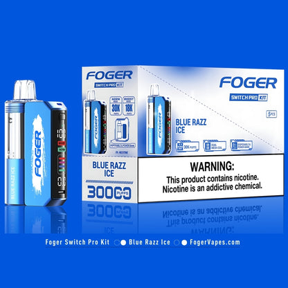 This image features the Foger Switch Pro Kit in the Blue Razz Ice flavor, presented in a 5-pack box. The kit highlights dual vaping modes: "Norm Mode" delivering up to 30,000 puffs and "Boost Mode" offering 18,000 puffs. The packaging emphasizes advanced features, including a dual mesh coil for efficient vapor production, an OLED smart screen display for real-time updates, and adjustable airflow for a tailored vaping experience. The kit also serves as a disposable vape and a power bank, combining functional