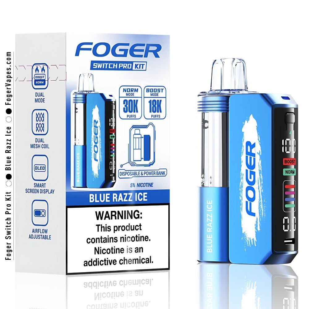 This image displays the Foger Switch Pro Kit featuring the Blue Razz Ice flavor. The product highlights include dual modes: "Norm Mode" with a 30,000-puff capacity and "Boost Mode" offering 18,000 puffs. The packaging showcases advanced features such as a dual mesh coil for enhanced vapor production, an OLED smart screen display for real-time data, and adjustable airflow for a customizable vaping experience. The device also functions as both a disposable vape and a power bank. The sleek blue design compleme