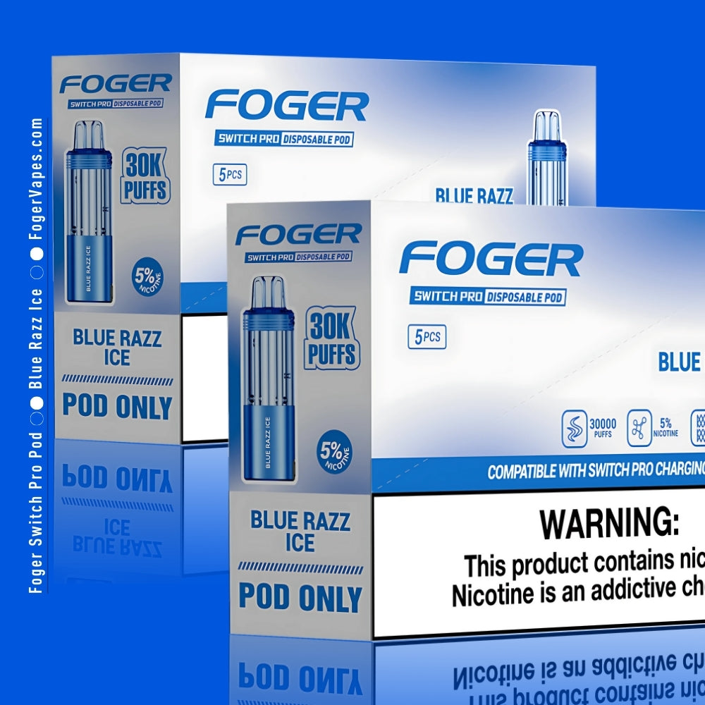 Foger Switch Pro Blue Razz Ice Disposable Pod 10-Pack Featuring premium vape pods offering 30,000 puffs each with 5% nicotine. Highlighted with sleek blue packaging and 'Blue Razz Ice' branding, the design showcases dual mesh coil technology, adjustable airflow, and compatibility with the Switch Pro charging device. The box emphasizes the tangy blue raspberry flavor combined with icy menthol for a refreshing vaping experience. Ideal for high performance, long-lasting use.