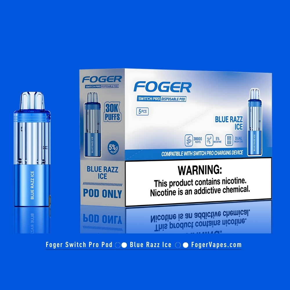 Foger Switch Pro Blue Razz Ice Disposable Pod with 5-Pack Box - High-capacity vape pods offering 30,000 puffs each with 5% nicotine strength. The sleek blue device features a clear tank, dual mesh coil, and adjustable airflow for optimal flavor and vapor. The box highlights the tangy blue raspberry and icy menthol flavor, compatibility with the Switch Pro charging device, and eco-friendly design with replaceable pods. Perfect for long lasting vaping convenience with premium performance.