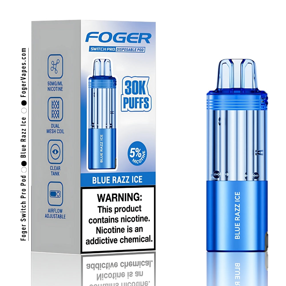 Foger Switch Pro Blue Razz Ice Disposable Pod and Packaging Featuring a sleek blue vape device with a clear tank, offering 30,000 puffs with 5% nicotine. The box highlights key features such as a dual mesh coil, adjustable airflow, and clear tank design. The packaging emphasizes the tangy blue razz ice flavor, perfect for long lasting, flavorful vaping.