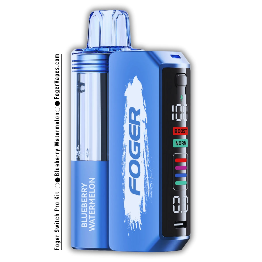 Foger Switch Pro 30K Puffs Disposable Blueberry Watermelon featuring a sleek blue body with white branding, a transparent liquid tank, and a digital display with Boost and Normal puff modes, delivering a juicy blend of sweet blueberry and refreshing watermelon flavors.