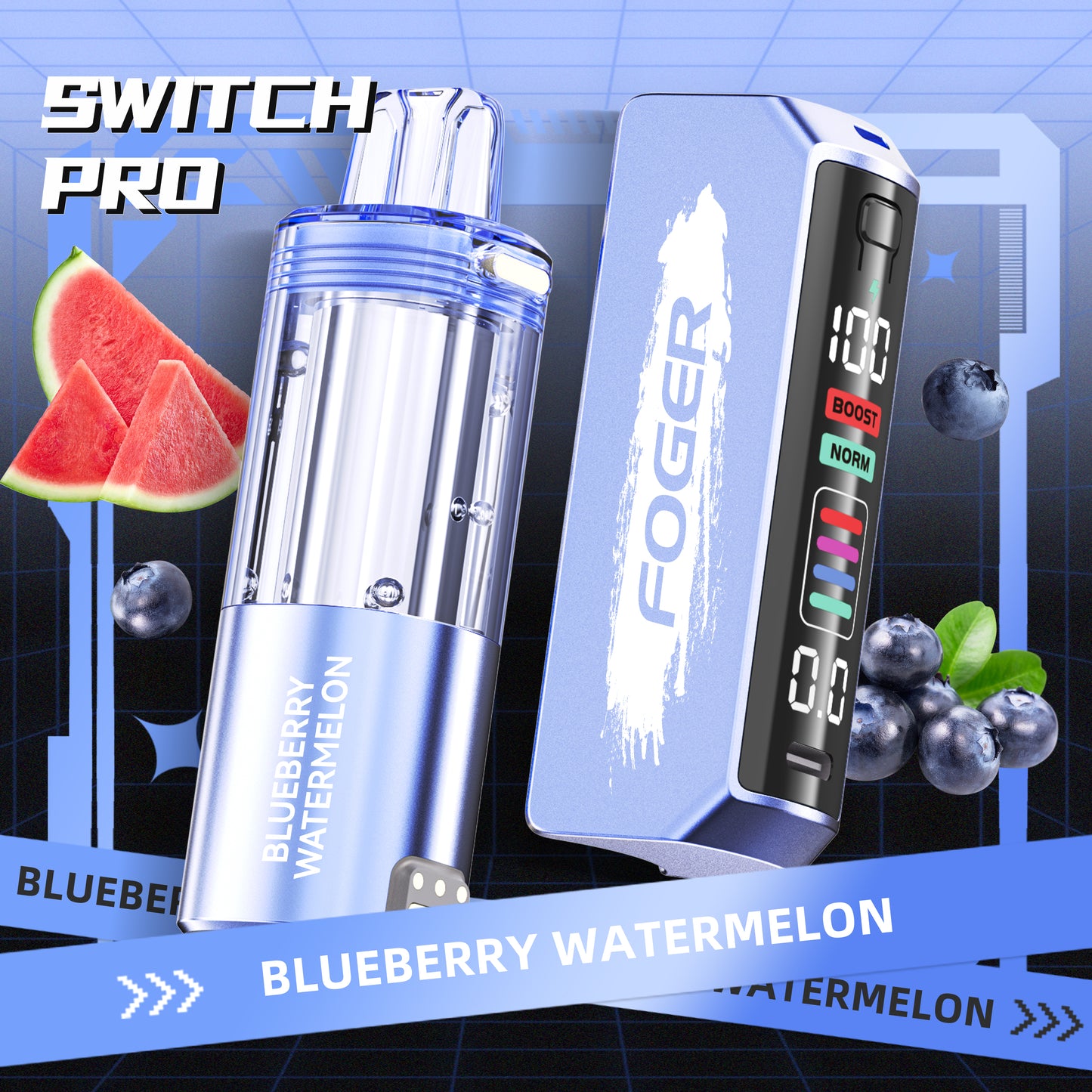 Foger Switch Pro Pod in Blueberry Watermelon flavor, showcasing a sleek blue design with a clear tank. Offering up to 30K puffs, this disposable vape delivers a unique mix of fruity blueberry and watermelon flavors from Foger Vapes.