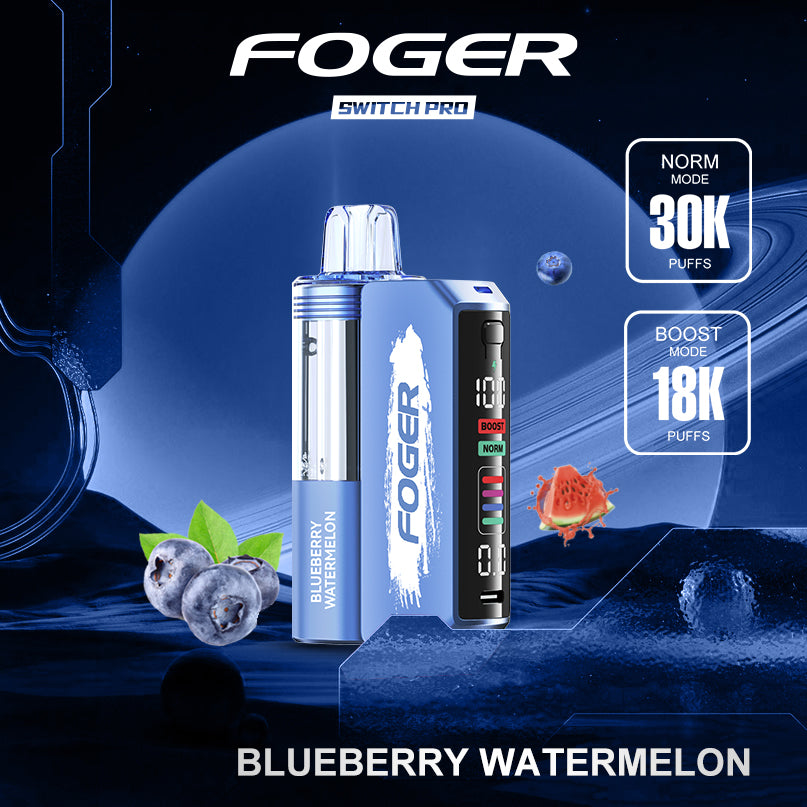 Foger Switch Pro Kit showcasing Blueberry Watermelon flavor, offering 30K puffs with dual mesh coils and an OLED screen. This vape kit provides a refreshing blend of sweet blueberries and juicy watermelon, perfect for those seeking a fruity and cooling experience.