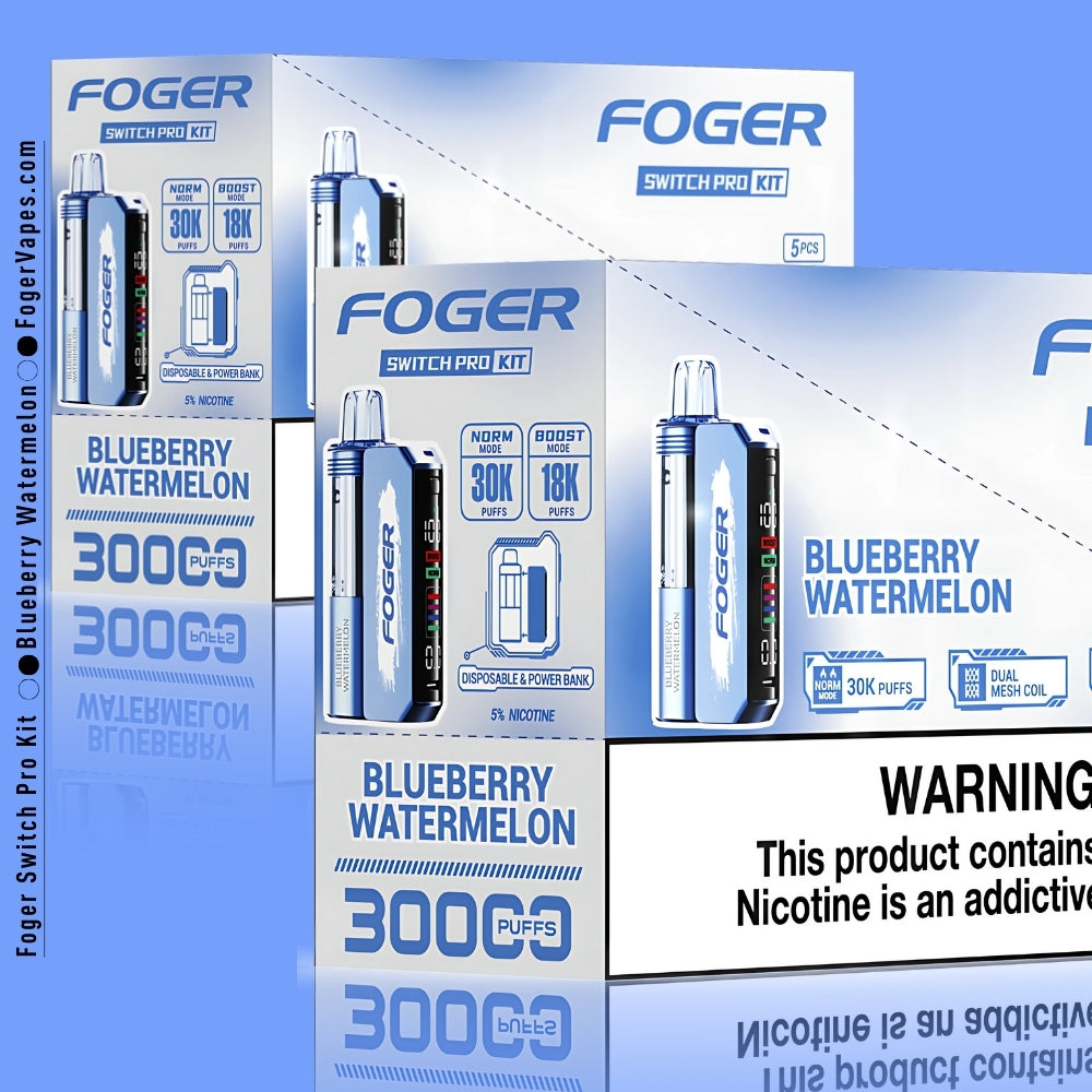 Foger Switch Pro Kit Blueberry Watermelon 10-pack featuring sleek blue packaging. Highlights include Norm and Boost modes offering 30,000 or 18,000 puffs, dual mesh coil technology, and an OLED smart screen display. This innovative kit functions as a disposable vape and power bank with 5% nicotine. The box prominently displays key features, clear branding, and the nicotine warning.