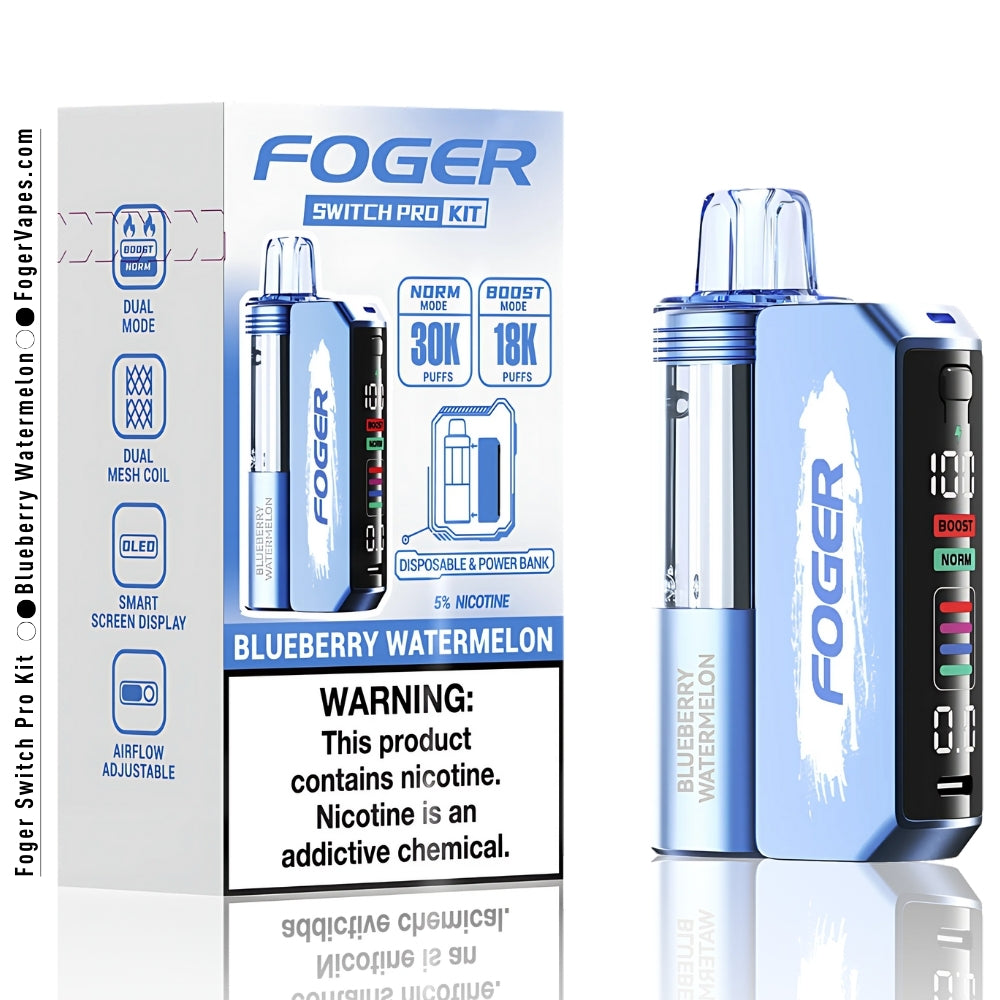 Blueberry Watermelon Foger Switch Pro Kit featuring a sleek blue design, dual mode functionality with Norm and Boost options offering up to 30,000 puffs or 18,000 puffs respectively, dual mesh coil technology, and an OLED smart screen display. The kit serves as both a disposable vape and a power bank, delivering 5% nicotine in a clear, adjustable airflow tank. Includes packaging showcasing product features and a nicotine warning label.