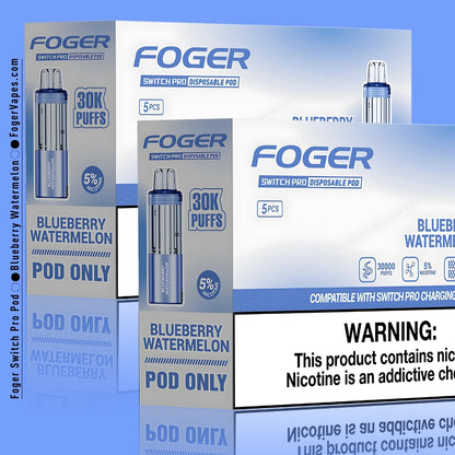 Foger Switch Pro Blueberry Watermelon Disposable Pod 10-Pack - High-performance vape pods with 30,000 puffs each and 5% nicotine. The light blue packaging emphasizes the sweet fusion of ripe blueberries and juicy watermelon flavor. Featuring dual mesh coil technology, adjustable airflow, and compatibility with the Switch Pro charging device, this product delivers a long-lasting and flavorful vaping experience for enthusiasts seeking fruity satisfaction.