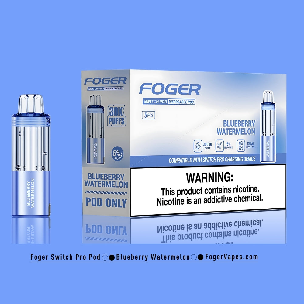 Foger Switch Pro Blueberry Watermelon Disposable Pod 5-Pack - Premium vape pods offering 30,000 puffs each with 5% nicotine strength. The sleek light blue design and box branding emphasize the fruity fusion of ripe blueberries and juicy watermelon. Featuring dual mesh coil technology, adjustable airflow, and compatibility with the Switch Pro charging device, this product ensures a long lasting and flavorful vaping experience.