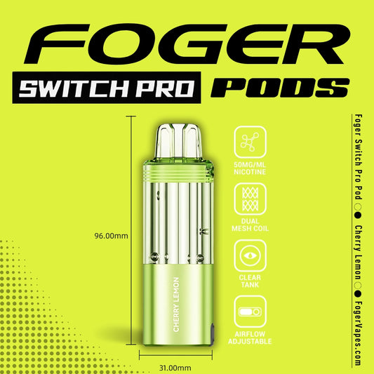 Foger Switch Pro Pod in Cherry Lemon flavor, featuring a bright green design with a transparent tank, dual mesh coil for enhanced vapor production, adjustable airflow, and 50mg/ml nicotine strength. Dimensions (96mm x 31mm) and key features are highlighted against a vibrant lime green background with modern branding.