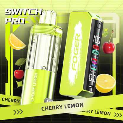 Foger Switch Pro Pod in Cherry Lemon flavor, boasting a fresh green aesthetic with a transparent tank. Delivering up to 30K puffs, this vape blends sweet cherry and tangy lemon flavors for a premium vaping experience by Foger Vapes.