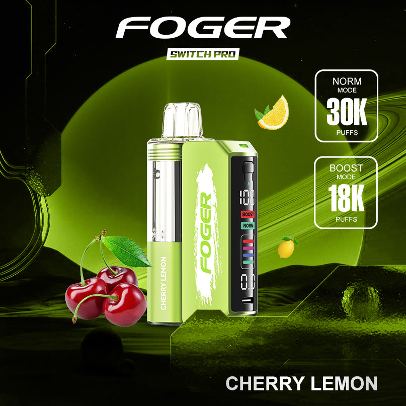 Foger Switch Pro Kit with Cherry Lemon flavor, designed for up to 30,000 puffs. The vibrant green and red design enhances the refreshing tartness of cherry and lemon. Equipped with dual mesh coils, adjustable airflow, and an OLED display for an optimized vaping experience.