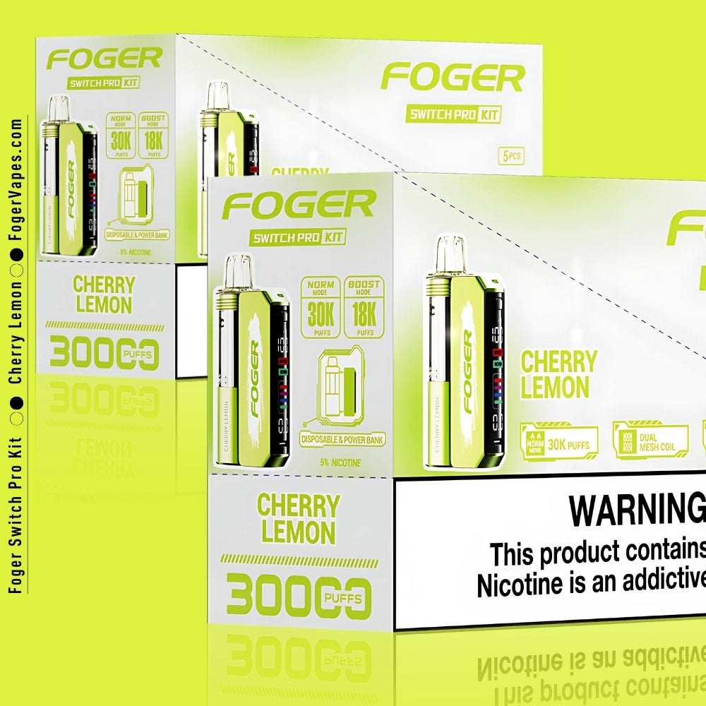 Cherry Lemon Foger Switch Pro Kit 10-pack box featuring bright green visuals. The device offers 30,000 puffs in Norm mode and 18,000 in Boost mode with dual mesh coil technology. Includes an OLED screen for adjustable settings and functions as a disposable vape and power bank. Packaging prominently displays the flavor, puff count, and necessary nicotine warning.