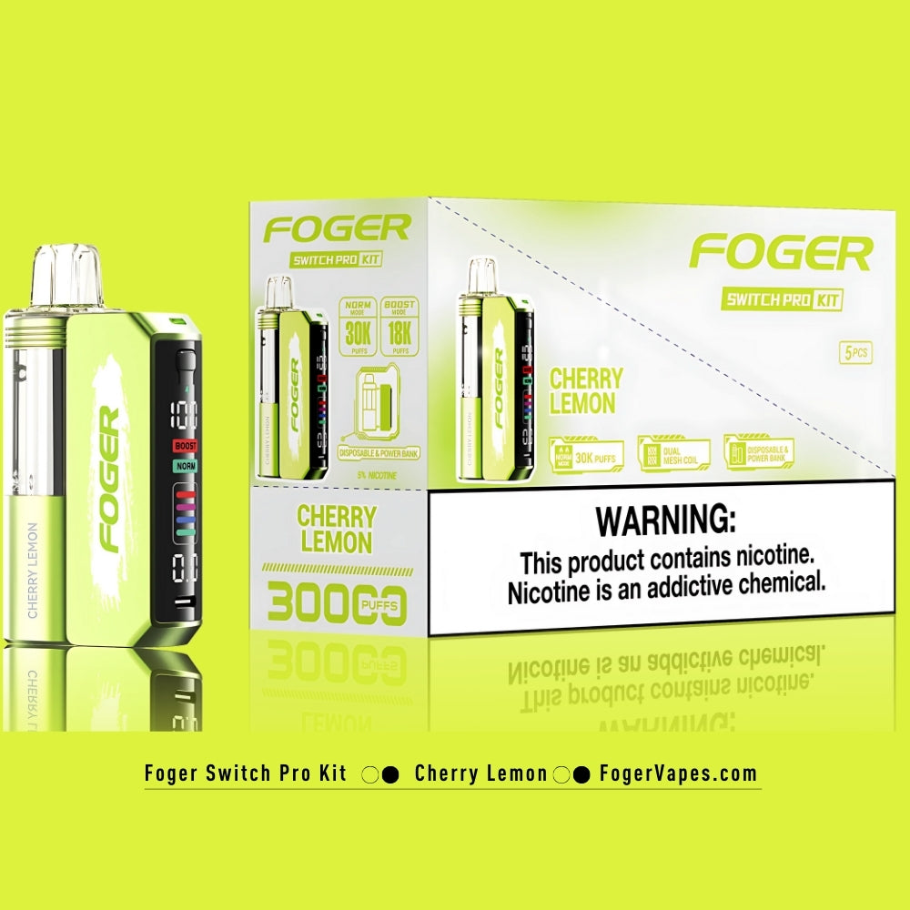 Foger Switch Pro Kit Cherry Lemon flavor showcased with vibrant green accents on a 5-pack box. Features include 30,000 puffs in Norm mode and 18,000 in Boost mode, dual mesh coil technology, and an OLED display for settings. The packaging highlights its dual-purpose functionality as a disposable vape and power bank, with clear flavor labeling and nicotine warning.