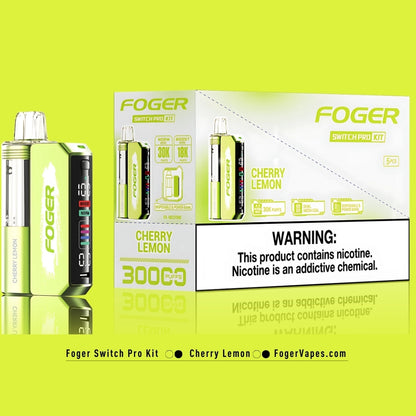 Foger Switch Pro Kit Cherry Lemon flavor showcased with vibrant green accents on a 5-pack box. Features include 30,000 puffs in Norm mode and 18,000 in Boost mode, dual mesh coil technology, and an OLED display for settings. The packaging highlights its dual-purpose functionality as a disposable vape and power bank, with clear flavor labeling and nicotine warning.