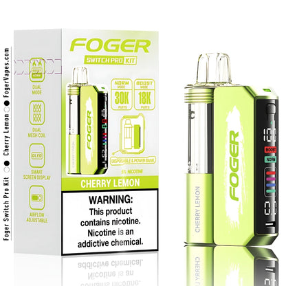 Foger Switch Pro Kit Cherry Lemon flavor displayed in vibrant green packaging. Features include Norm and Boost modes delivering 30,000 and 18,000 puffs, respectively, dual mesh coil technology, and an OLED smart screen for functionality. The kit doubles as a disposable vape and a power bank with 5% nicotine. Prominent branding, flavor labeling, and a nicotine warning are clearly shown.