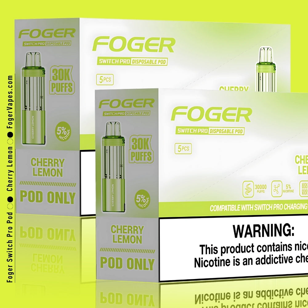 Foger Switch Pro Cherry Lemon Disposable Pod 10-Pack Premium vape pods offering 30,000 puffs each with 5% nicotine. The bright lime-green packaging emphasizes the zesty combination of sweet cherry and tangy lemon flavors. Equipped with dual mesh coil technology, adjustable airflow, and compatibility with the Switch Pro charging device, this product delivers a refreshing, long-lasting, and high-performance vaping experience.