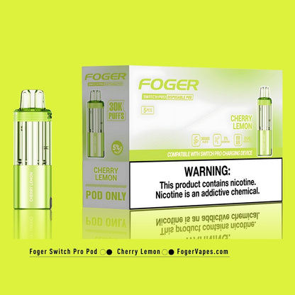 Foger Switch Pro Cherry Lemon Disposable Pod 5-Pack High-capacity vape pods offering 30,000 puffs each with 5% nicotine strength. The vibrant lime-green packaging highlights the bold combination of sweet cherry and tangy lemon flavors. Featuring dual mesh coil technology, adjustable airflow, and compatibility with the Switch Pro charging device, this product ensures a refreshing and flavorful vaping experience for long-lasting satisfaction.