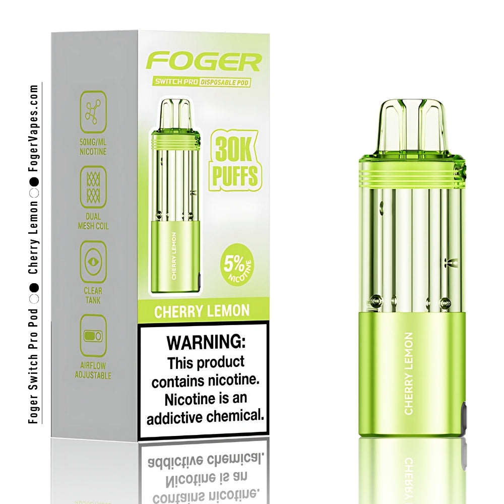 Foger Switch Pro Cherry Lemon Disposable Pod 30,000 Puffs Vape Device with 5% Nicotine, Dual Mesh Coil, and Adjustable Airflow. The vibrant lime green device and packaging highlight the bold fusion of sweet cherries and tangy lemons, creating a refreshing and zesty vaping experience. Perfect for long-lasting satisfaction with premium flavor delivery.