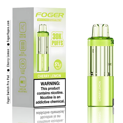 Foger Switch Pro Cherry Lemon Disposable Pod 30,000 Puffs Vape Device with 5% Nicotine, Dual Mesh Coil, and Adjustable Airflow. The vibrant lime green device and packaging highlight the bold fusion of sweet cherries and tangy lemons, creating a refreshing and zesty vaping experience. Perfect for long-lasting satisfaction with premium flavor delivery.