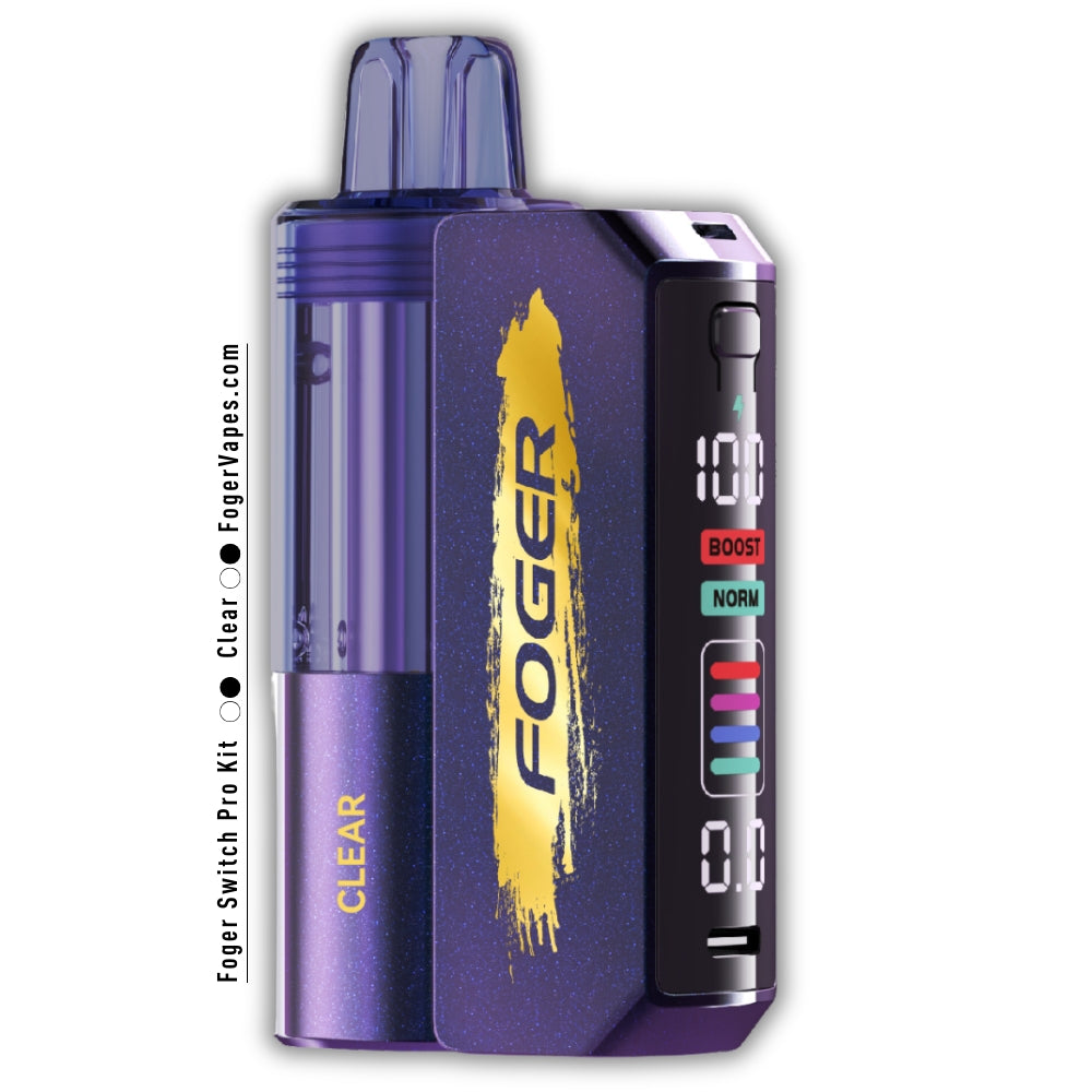 Foger Switch Pro Kit Clear showcasing a sleek purple and gold-colored vape device with a clear liquid chamber. Detailed branding with the CLEAR indication features such as dual mesh coils, adjustable airflow, OLED smart screen, and up to 30K puffs. The device offers a smooth vaping experience with 5% nicotine content, perfect for those who enjoy clear, simple design and high-quality performance.