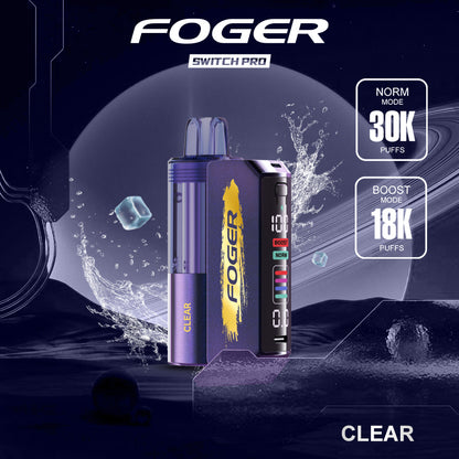 Foger Switch Pro Kit Clear showcasing a sleek purple and gold-colored vape device with a clear liquid chamber. The box features detailed branding with the 'CLEAR' label, and graphics highlighting features such as dual mesh coils, adjustable airflow, OLED smart screen, and up to 30K puffs. The device offers a smooth vaping experience with 5% nicotine content, perfect for those who enjoy clear, simple design and high-quality performance.