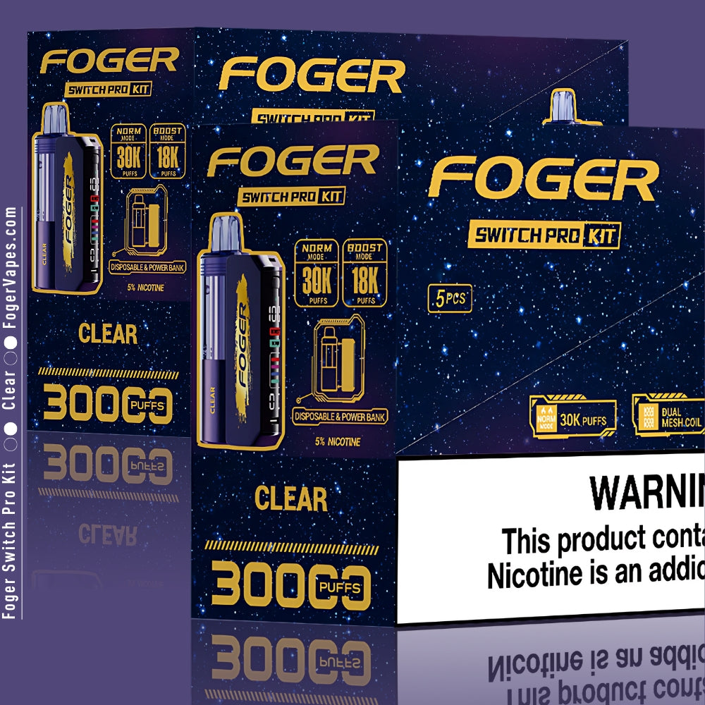 Foger Switch Pro Kit This 10-pack of Foger's Clear flavor disposable vapes provides 30K puffs per device. Each features dual mesh coils, an OLED screen, and 5% nicotine, offering an enhanced vaping experience with adjustable airflow for customization.