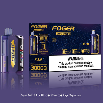 Foger Switch Pro Kit Clear Flavor 5 Pack Featuring a sleek clear design, this disposable vaping kit offers 30K puffs in normal mode and 18K puffs in boost mode. With a dual mesh coil, adjustable airflow, OLED screen, and 5% nicotine, it's the perfect choice for long-lasting vaping experiences.