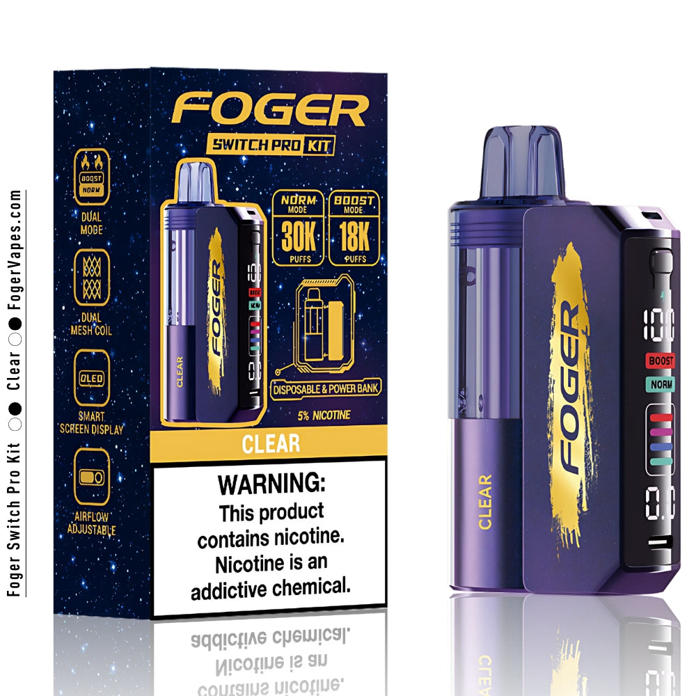 Foger Switch Pro Kit - Clear, showcasing a sleek purple and gold-colored vape device with a clear liquid chamber. The box features detailed branding with the 'CLEAR' label, and graphics highlighting features such as dual mesh coils, adjustable airflow, OLED smart screen, and up to 30K puffs. The device offers a smooth vaping experience with 5% nicotine content, perfect for those who enjoy clear, simple design and high-quality performance.