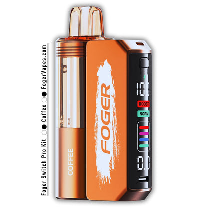 Foger Switch Pro Kit Coffee flavor featuring a sleek orange body with white branding, a transparent tank showcasing the vaping liquid, and a digital display highlighting puff settings, including Boost and Normal modes, designed for optimal performance and style.