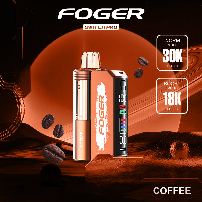 Foger Switch Pro Kit featuring Coffee flavor, with a rich and smooth taste. The vape offers up to 30,000 puffs with dual mesh coils and a smart OLED screen. Ideal for coffee lovers, this vape delivers an authentic, bold coffee flavor with each puff.