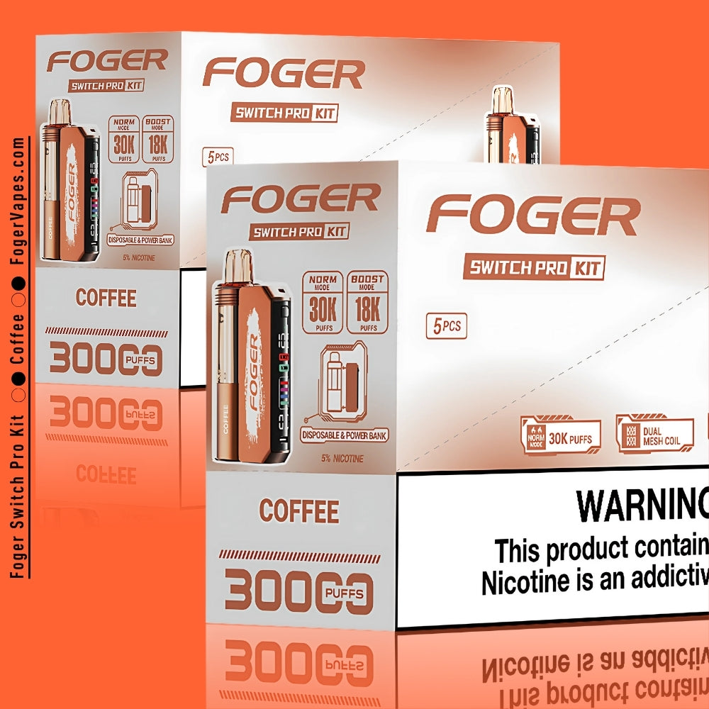 Foger Switch Pro Kit Coffee flavor in a 10-pack set, highlighted with sleek copper-brown packaging. Each kit features dual-mode functionality offering up to 30,000 puffs in Norm mode and 18,000 puffs in Boost mode. Includes advanced dual mesh coil technology, a smart OLED screen, and a disposable and power bank design. Prominent coffee flavor branding and nicotine warning are visible.