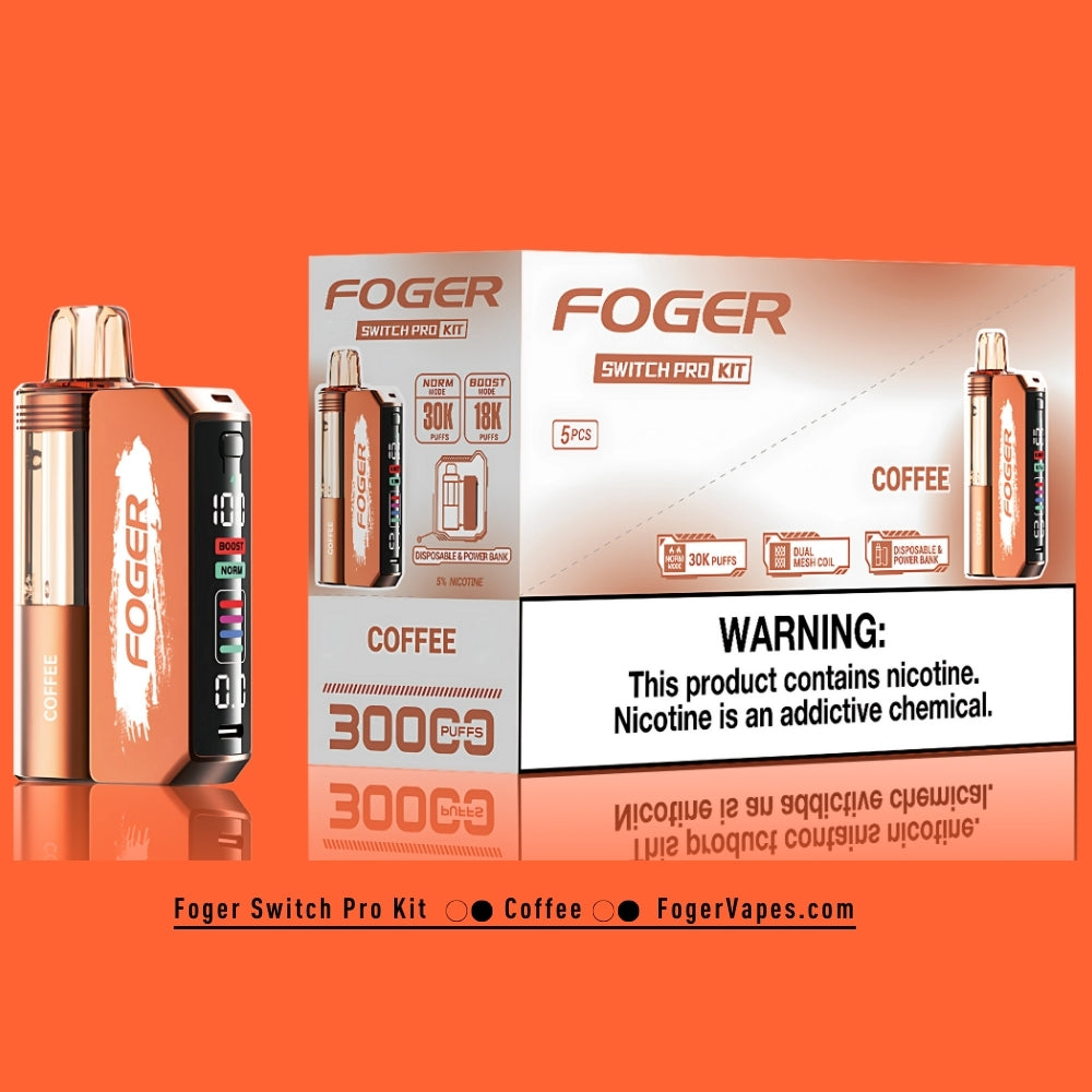 Foger Switch Pro Kit Coffee flavor displayed with copper-brown packaging, featuring dual-mode options: Norm mode offering 30,000 puffs and Boost mode delivering 18,000 puffs. Includes dual mesh coil technology and an OLED smart screen for functionality adjustments. Packaging emphasizes coffee flavor, puff count, and essential nicotine warning.