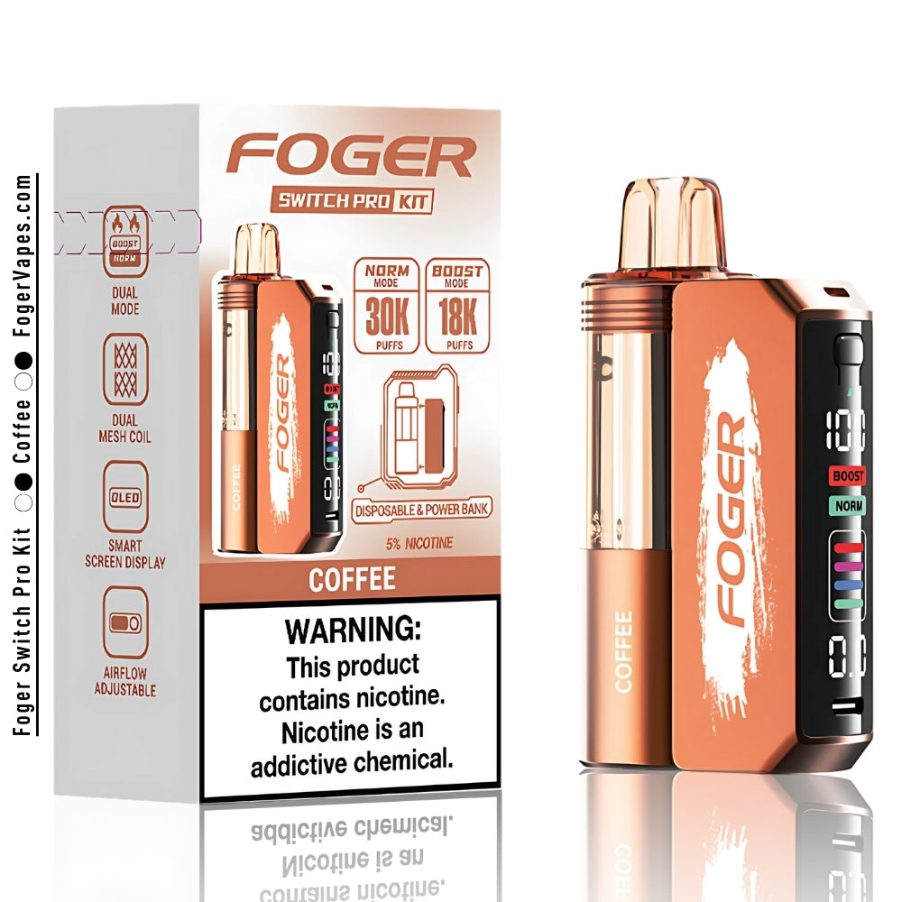 Foger Switch Pro Kit Coffee flavor disposable vape displayed in a sleek copper-brown design. Features dual-mode functionality with 30,000 puffs in Norm mode and 18,000 in Boost mode, supported by dual mesh coil technology. Includes an OLED smart screen for adjustable settings and functions as a power bank. Packaging highlights the coffee flavor, puff count, and necessary nicotine warning.