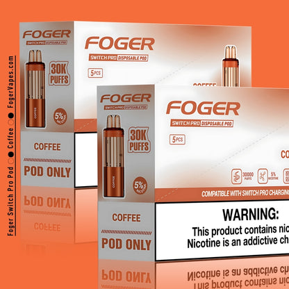 Foger Switch Pro Coffee Disposable Pod 10-Pack High-capacity vape pods with 30,000 puffs each and 5% nicotine. The elegant copper-toned packaging emphasizes the rich, aromatic coffee flavor, perfect for coffee enthusiasts seeking a bold and satisfying vape. Featuring dual mesh coil technology, adjustable airflow, and compatibility with the Switch Pro charging device, this product delivers a premium, long-lasting vaping experience.