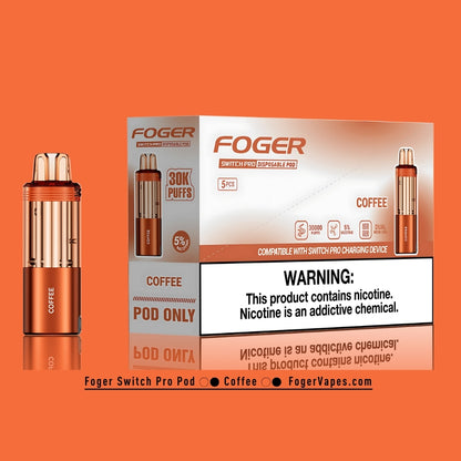 Foger Switch Pro Coffee Disposable Pod 5-Pack Premium vape pods with 30,000 puffs each and 5% nicotine strength. The sophisticated copper-toned packaging highlights the rich, bold coffee flavor, perfect for coffee enthusiasts. Featuring dual mesh coil technology, adjustable airflow, and compatibility with the Switch Pro charging device, this product offers a smooth, aromatic, and long-lasting vaping experience.